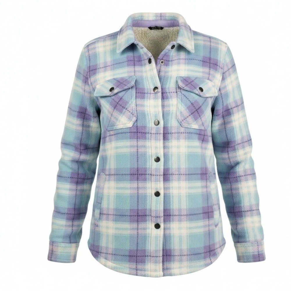 Eddie Bauer Kids 14/16 Blue Purple Plaid Sherpa Lined Fleece Shacket Jacket Warm